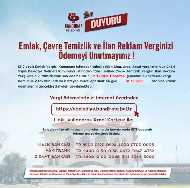 Emlak, Çevre Temizlik ve İlan Reklam Vergisi İkinci Taksit Ödemeleri Başladı
