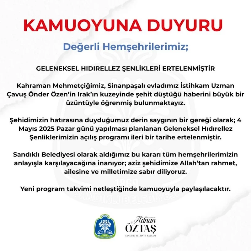 GELENEKSEL HIDIRELLEZ ŞENLİKLERİ ERTELENMİŞTİR